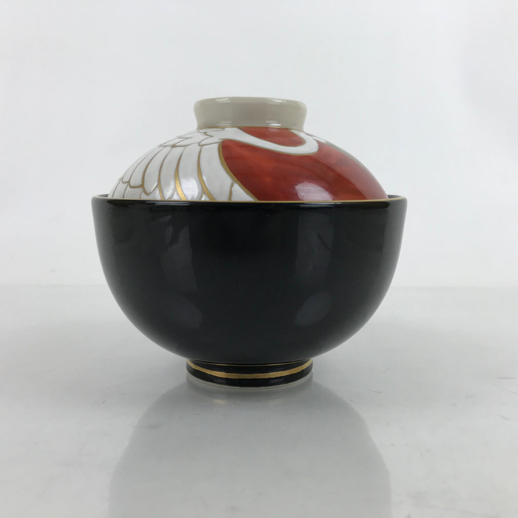Japanese Porcelain Lidded Bowl Owan Vtg Kyo Yaki Kiyomizu Yaki Crane Black PX753