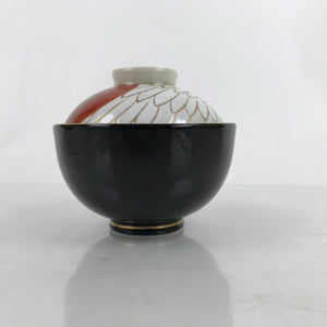 Japanese Porcelain Lidded Bowl Owan Vtg Kyo Yaki Kiyomizu Yaki Crane Black PX753