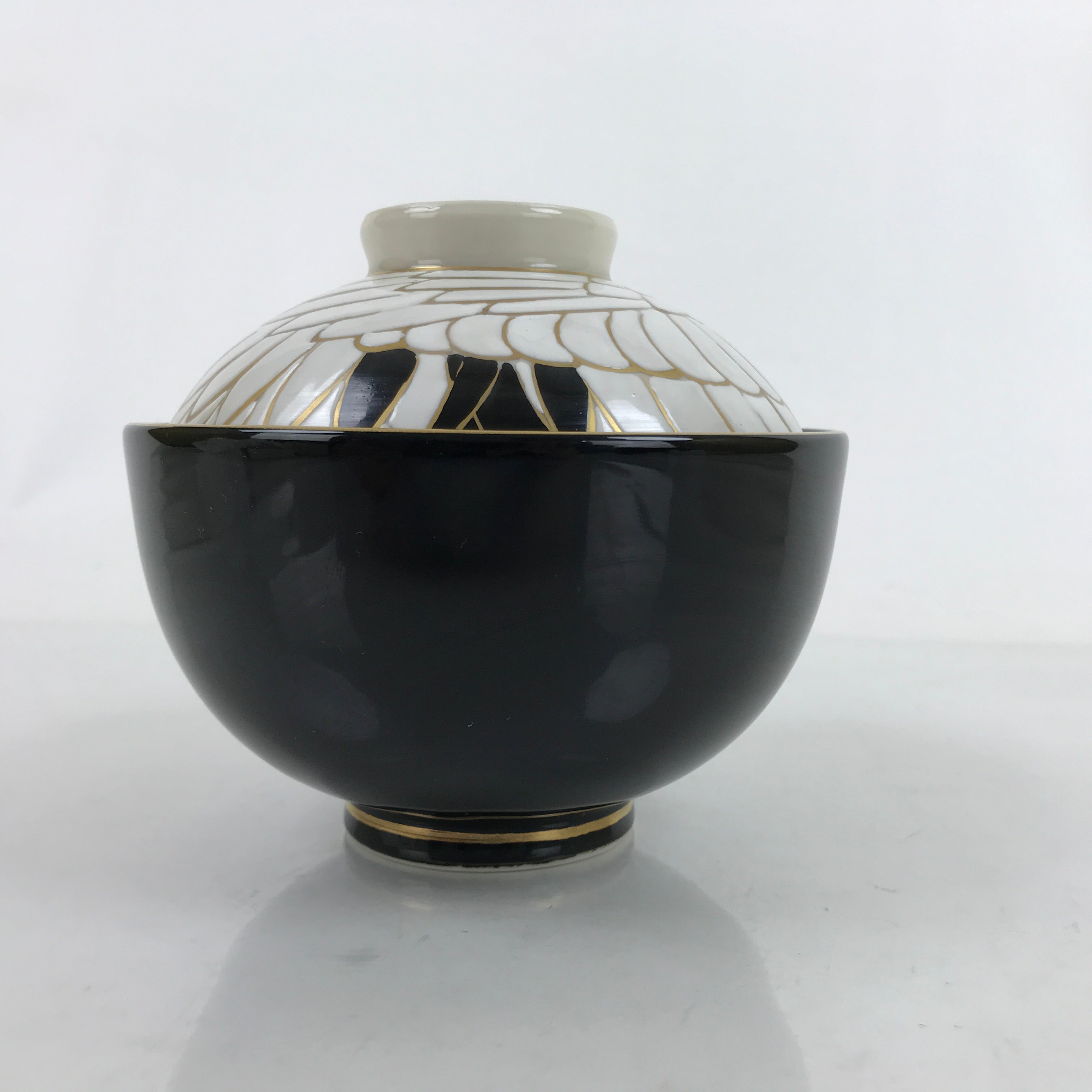 Japanese Porcelain Lidded Bowl Owan Vtg Kyo Yaki Kiyomizu Yaki Crane Black PX753