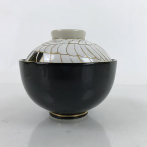 Japanese Porcelain Lidded Bowl Owan Vtg Kyo Yaki Kiyomizu Yaki Crane Black PX753