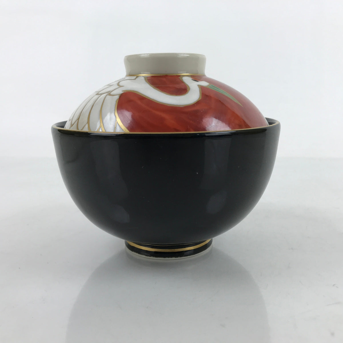Japanese Porcelain Lidded Bowl Owan Vtg Kyo Yaki Kiyomizu Yaki Crane Black PX754