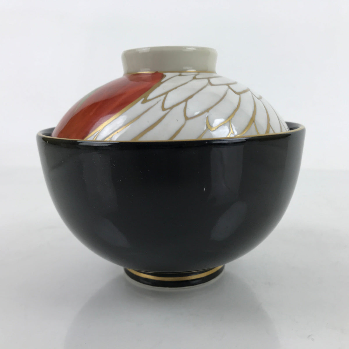 Japanese Porcelain Lidded Bowl Owan Vtg Kyo Yaki Kiyomizu Yaki Crane Black PX754
