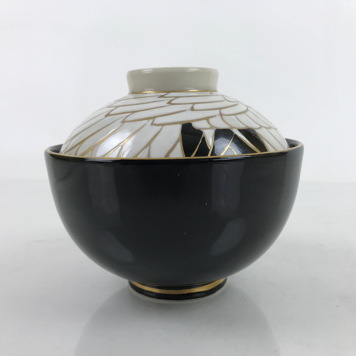 Japanese Porcelain Lidded Bowl Owan Vtg Kyo Yaki Kiyomizu Yaki Crane Black PX754