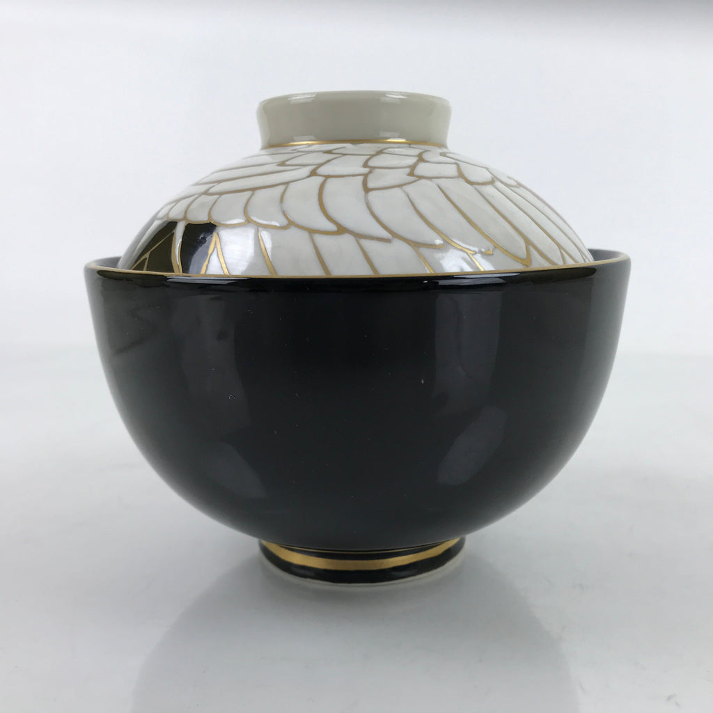 Japanese Porcelain Lidded Bowl Owan Vtg Kyo Yaki Kiyomizu Yaki Crane Black PX754