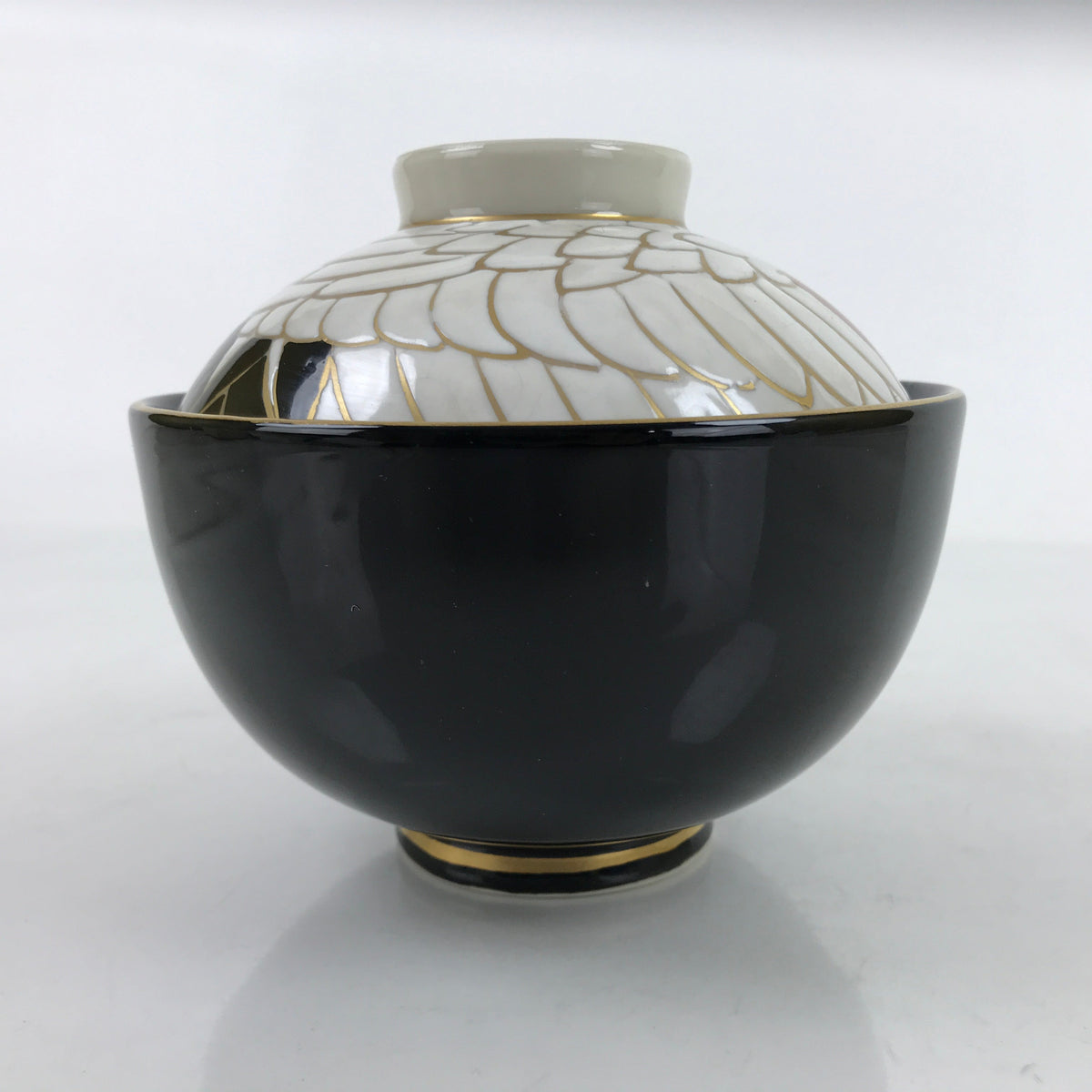 Japanese Porcelain Lidded Bowl Owan Vtg Kyo Yaki Kiyomizu Yaki Crane Black PX754