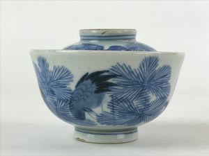 Japanese Porcelain Lidded Bowl Vtg Blue Birds Foliage Pottery Chawan PY495