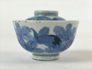 Japanese Porcelain Lidded Bowl Vtg Blue Birds Foliage Pottery Chawan PY495