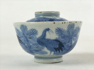 Japanese Porcelain Lidded Bowl Vtg Blue Birds Foliage Pottery Chawan PY495