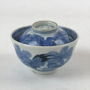 Japanese Porcelain Lidded Bowl Vtg Blue Birds Foliage Pottery Chawan PY495