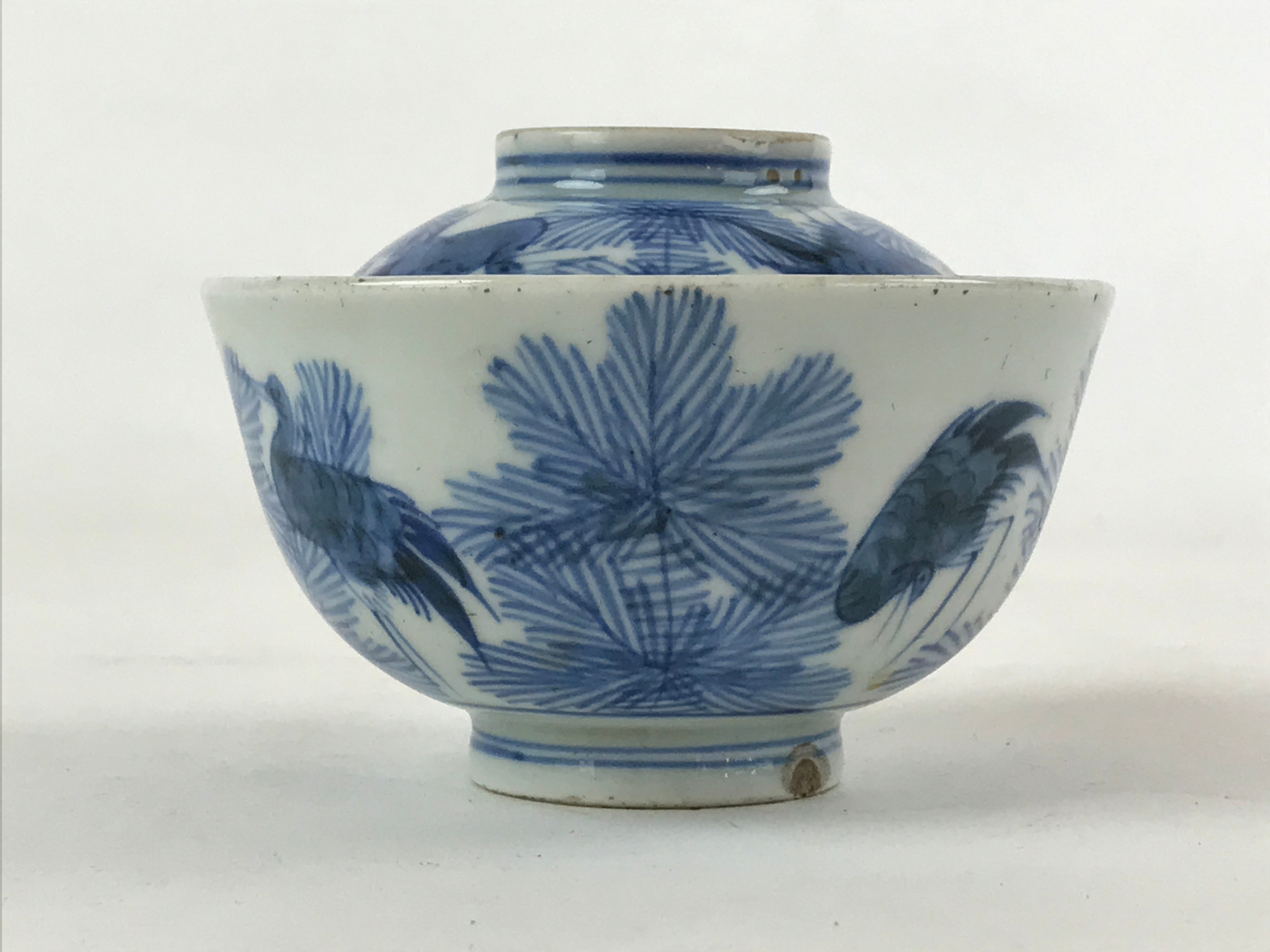 Japanese Porcelain Lidded Bowl Vtg Chawan Pottery Blue Birds Foliage PY498