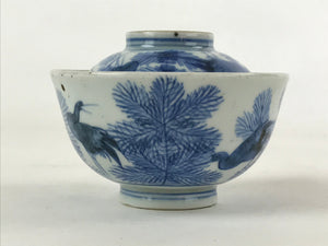 Japanese Porcelain Lidded Bowl Vtg Chawan Pottery Blue Birds Foliage PY498