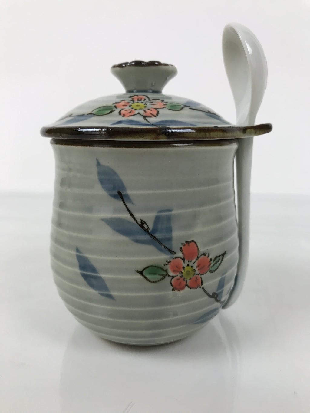 Japanese Porcelain Lidded Cup w/Spoon Pink Cherry Blossom Blue Container Y488