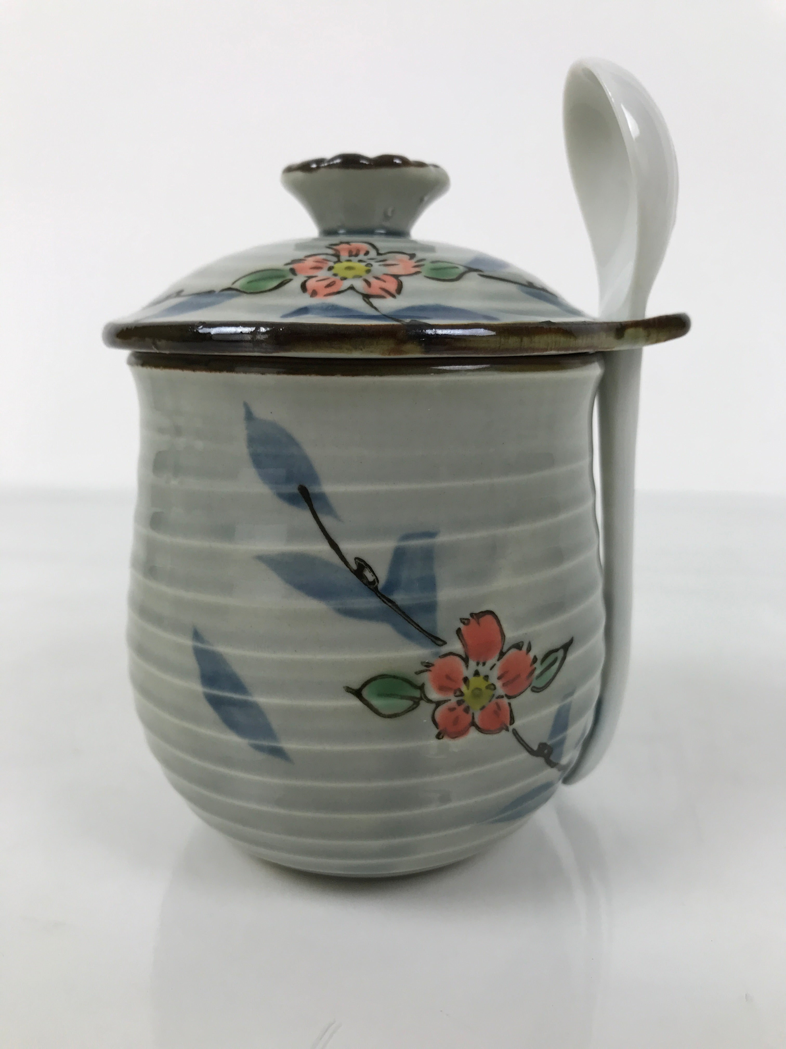 Japanese Porcelain Lidded Cup w/Spoon Pink Cherry Blossom Blue Container Y488