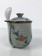 Japanese Porcelain Lidded Cup w/Spoon Pink Cherry Blossom Blue Container Y488