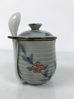 Japanese Porcelain Lidded Cup w/Spoon Pink Cherry Blossom Blue Container Y488