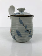 Japanese Porcelain Lidded Cup w/Spoon Pink Cherry Blossom Blue Container Y488