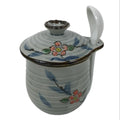 Japanese Porcelain Lidded Cup w/Spoon Pink Cherry Blossom Blue Container Y488
