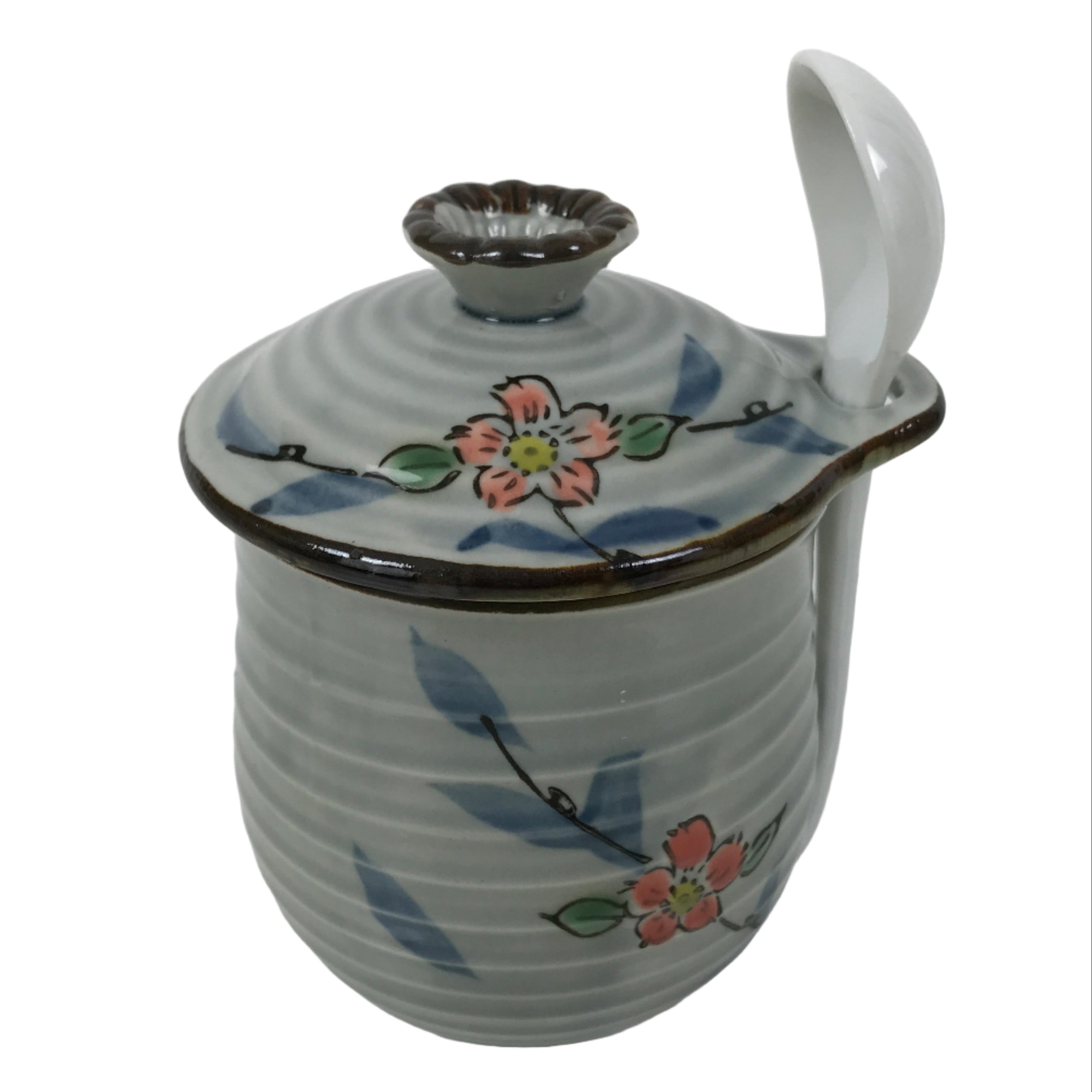 Japanese Porcelain Lidded Cup w/Spoon Pink Cherry Blossom Blue Container Y488