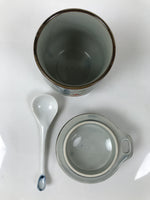Japanese Porcelain Lidded Cup w/Spoon Pink Cherry Blossom Blue Container Y489