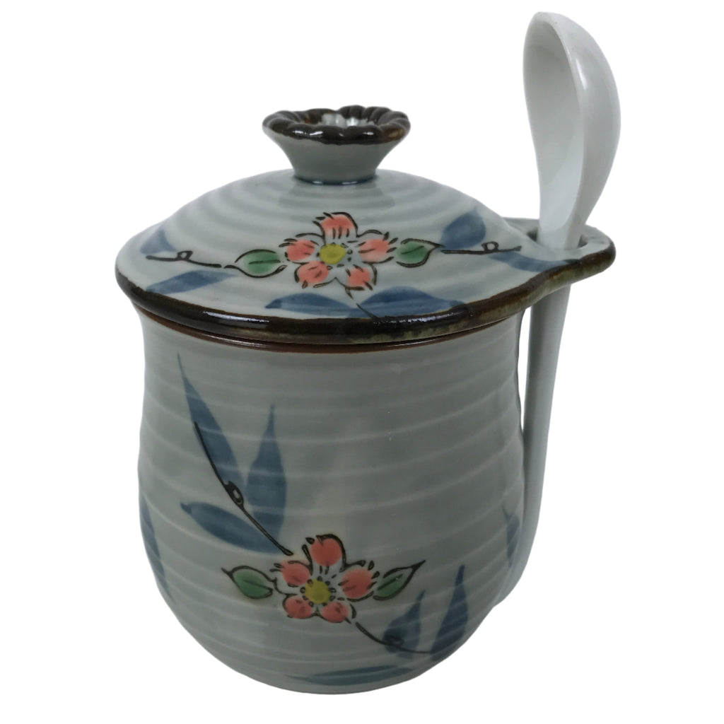 Japanese Porcelain Lidded Cup w/Spoon Pink Cherry Blossom Blue Container Y489