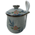 Japanese Porcelain Lidded Cup w/Spoon Pink Cherry Blossom Blue Container Y489