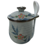 Japanese Porcelain Lidded Cup w/Spoon Pink Cherry Blossom Blue Container Y489