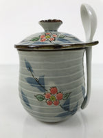 Japanese Porcelain Lidded Cup w/Spoon Pink Cherry Blossom Blue Container Y490