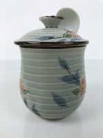 Japanese Porcelain Lidded Cup w/Spoon Pink Cherry Blossom Blue Container Y490