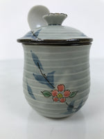 Japanese Porcelain Lidded Cup w/Spoon Pink Cherry Blossom Blue Container Y490