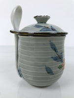 Japanese Porcelain Lidded Cup w/Spoon Pink Cherry Blossom Blue Container Y490