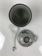 Japanese Porcelain Lidded Cup w/Spoon Pink Cherry Blossom Blue Container Y490