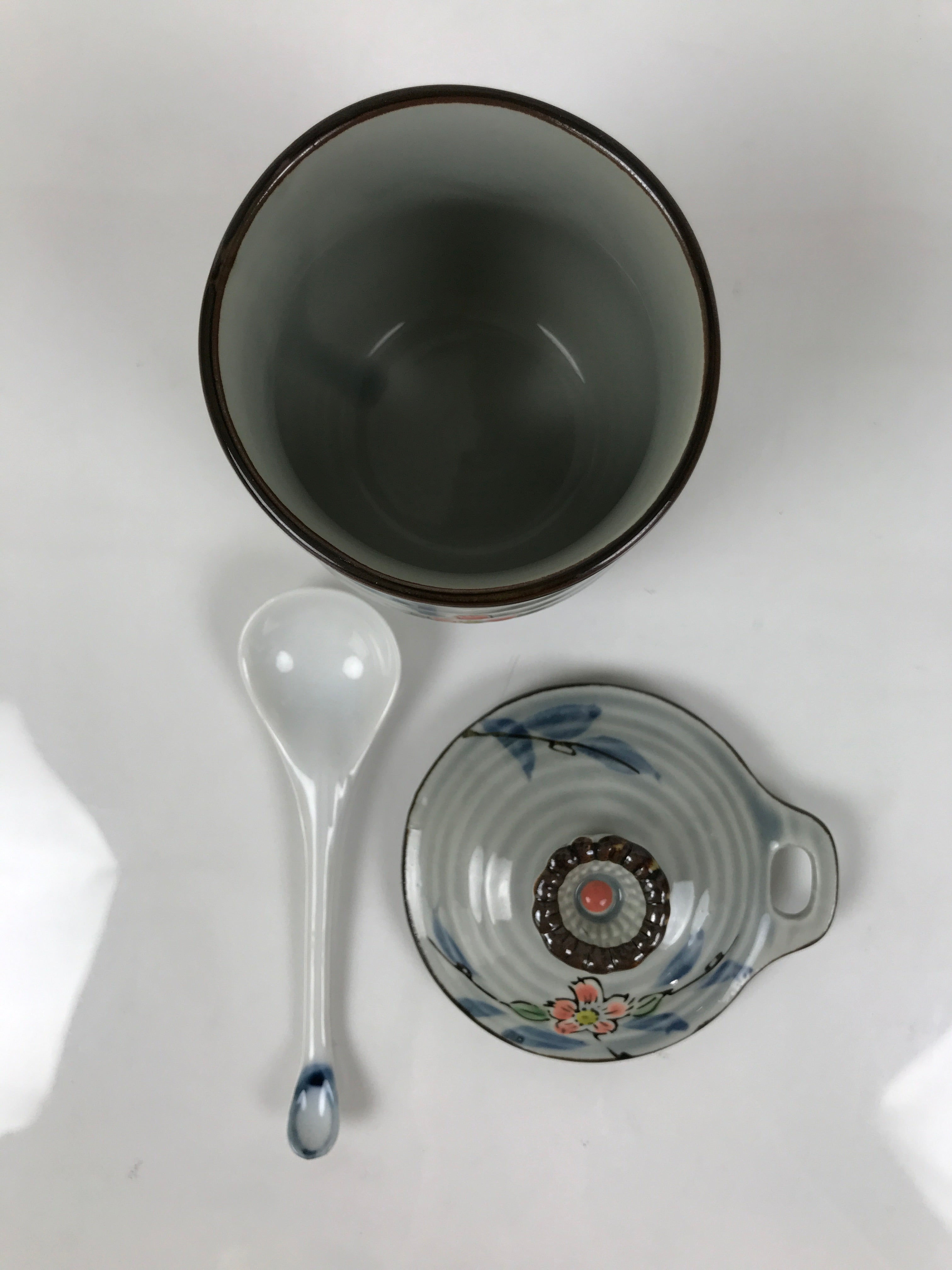 Japanese Porcelain Lidded Cup w/Spoon Pink Cherry Blossom Blue Container Y490