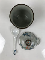 Japanese Porcelain Lidded Cup w/Spoon Pink Cherry Blossom Blue Container Y490