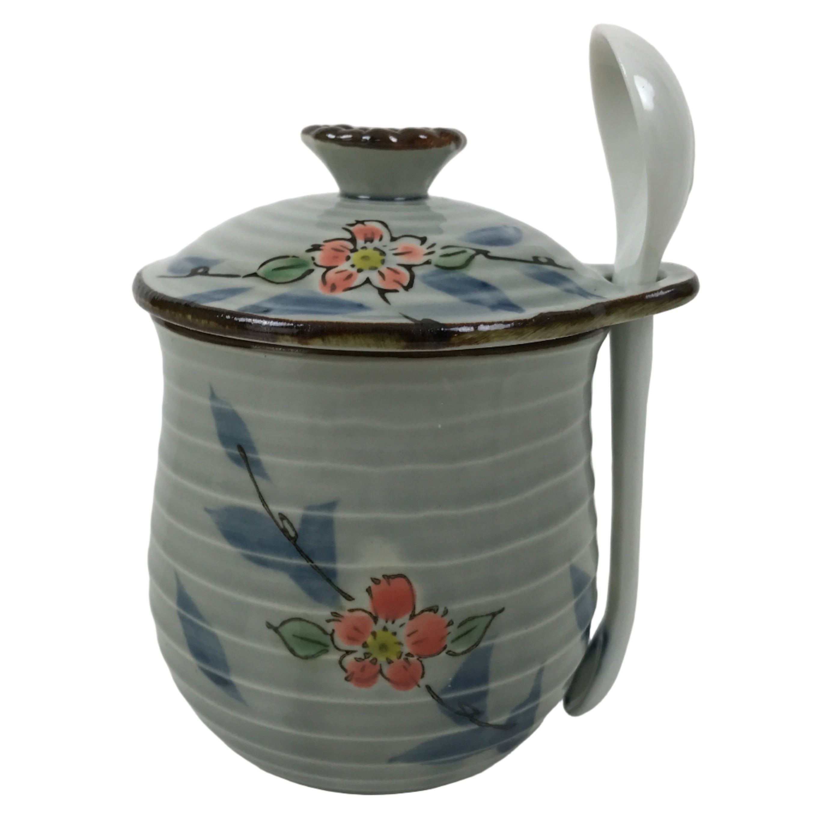 Japanese Porcelain Lidded Cup w/Spoon Pink Cherry Blossom Blue Container Y490