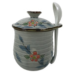 Japanese Porcelain Lidded Cup w/Spoon Pink Cherry Blossom Blue Container Y490