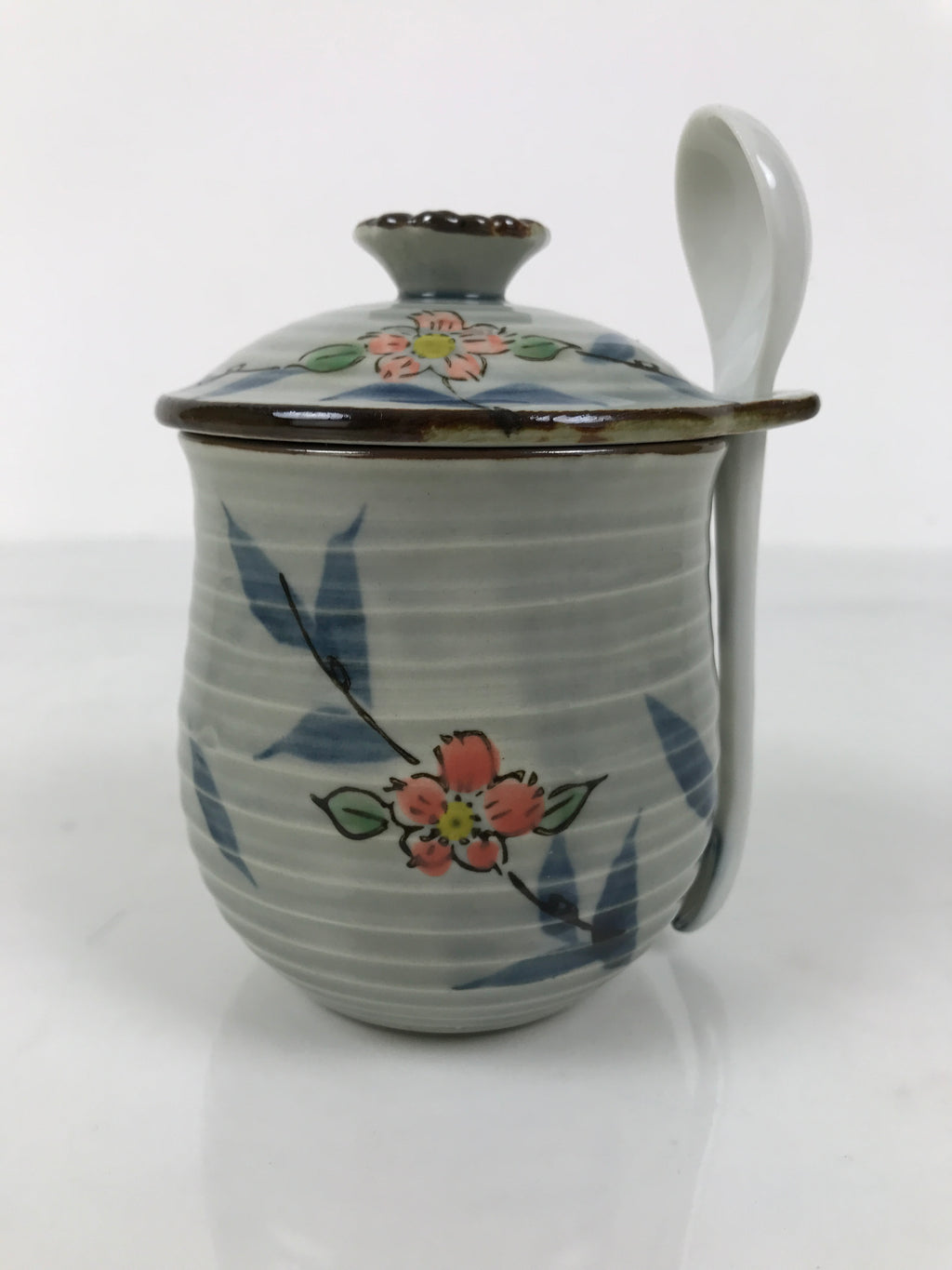 Japanese Porcelain Lidded Cup w/Spoon Pink Cherry Blossom Blue Container Y491