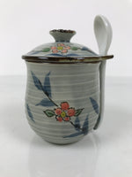 Japanese Porcelain Lidded Cup w/Spoon Pink Cherry Blossom Blue Container Y491