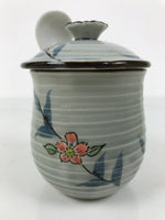 Japanese Porcelain Lidded Cup w/Spoon Pink Cherry Blossom Blue Container Y491