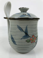 Japanese Porcelain Lidded Cup w/Spoon Pink Cherry Blossom Blue Container Y491