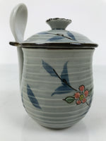 Japanese Porcelain Lidded Cup w/Spoon Pink Cherry Blossom Blue Container Y491