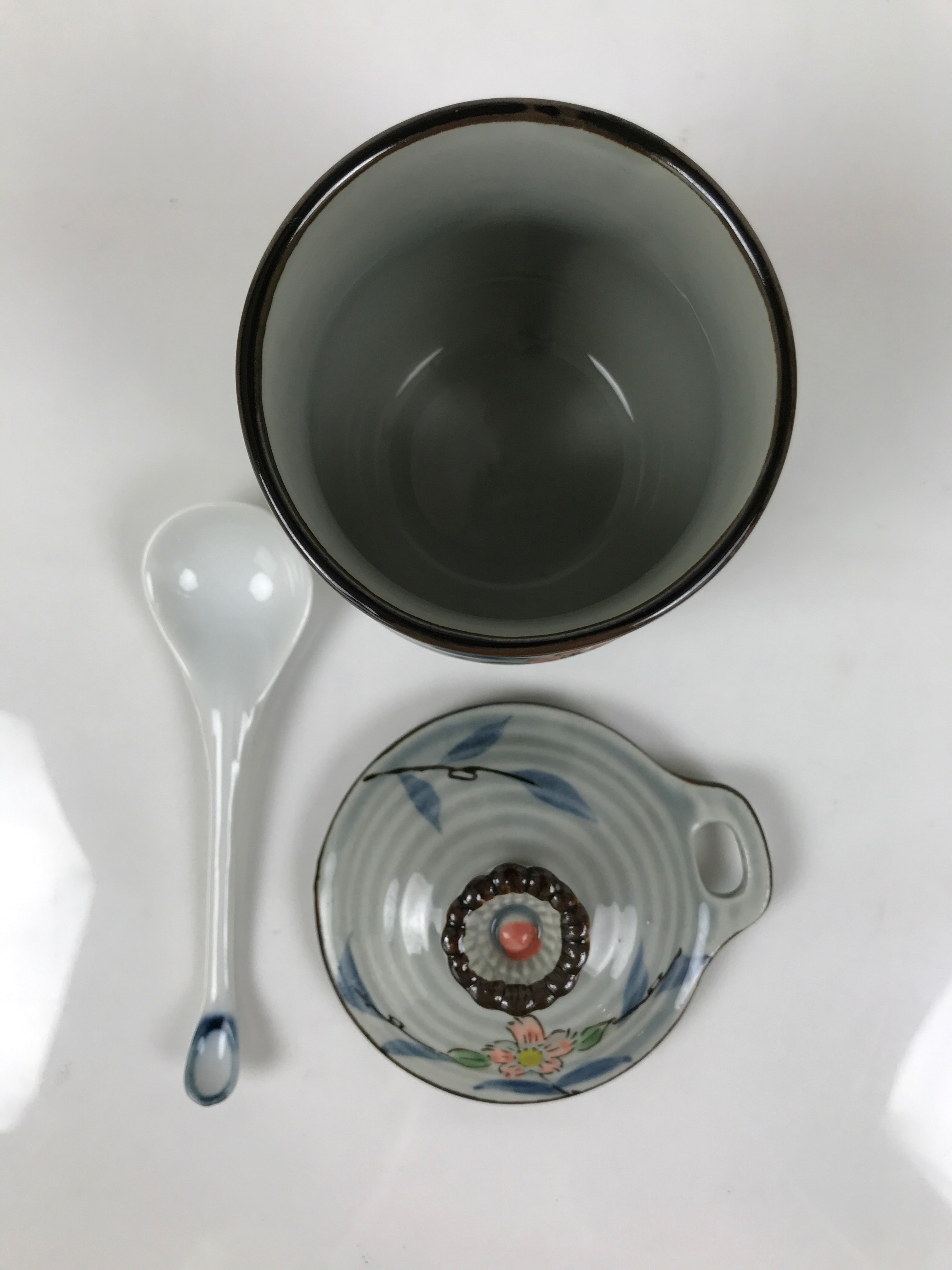 Japanese Porcelain Lidded Cup w/Spoon Pink Cherry Blossom Blue Container Y491