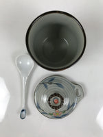 Japanese Porcelain Lidded Cup w/Spoon Pink Cherry Blossom Blue Container Y491