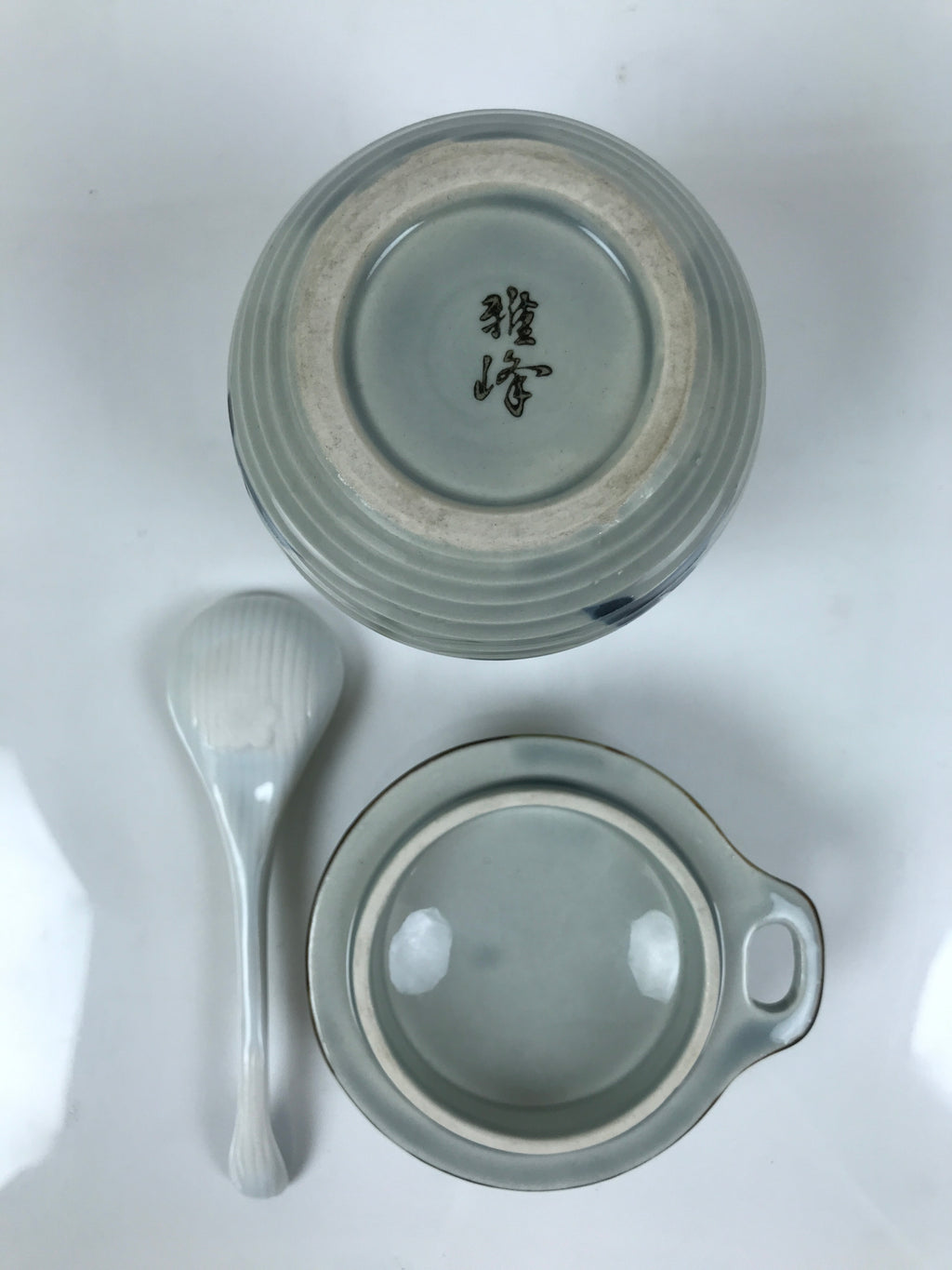 Japanese Porcelain Lidded Cup w/Spoon Pink Cherry Blossom Blue Container Y491