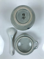 Japanese Porcelain Lidded Cup w/Spoon Pink Cherry Blossom Blue Container Y491