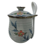 Japanese Porcelain Lidded Cup w/Spoon Pink Cherry Blossom Blue Container Y491