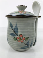 Japanese Porcelain Lidded Cup w/Spoon Pink Cherry Blossom Blue Container Y492