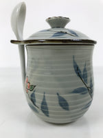 Japanese Porcelain Lidded Cup w/Spoon Pink Cherry Blossom Blue Container Y492