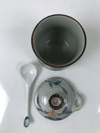 Japanese Porcelain Lidded Cup w/Spoon Pink Cherry Blossom Blue Container Y492
