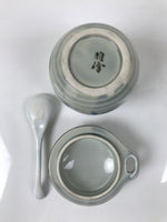 Japanese Porcelain Lidded Cup w/Spoon Pink Cherry Blossom Blue Container Y492