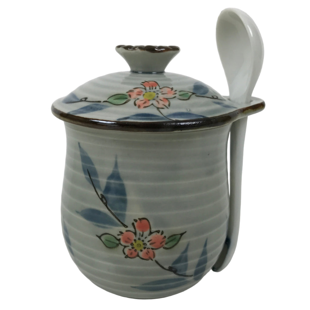 Japanese Porcelain Lidded Cup w/Spoon Pink Cherry Blossom Blue Container Y492